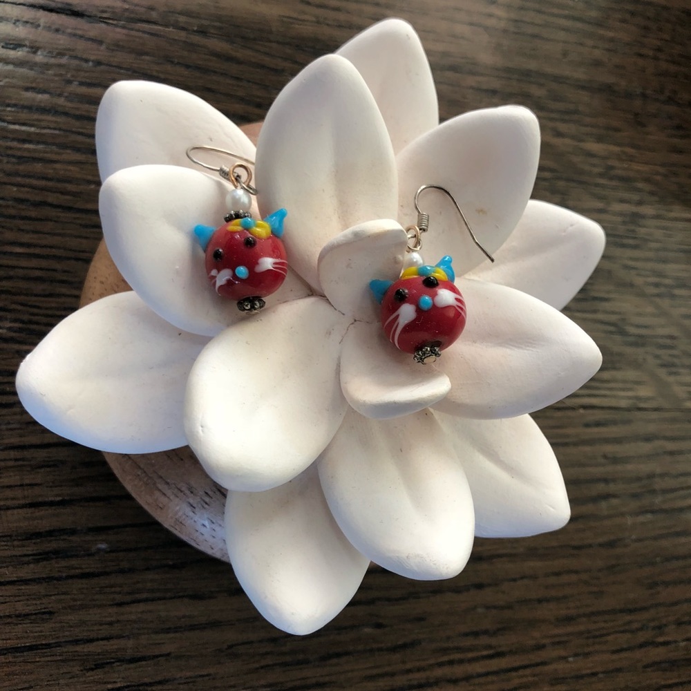 Lampwork  red cat earrings